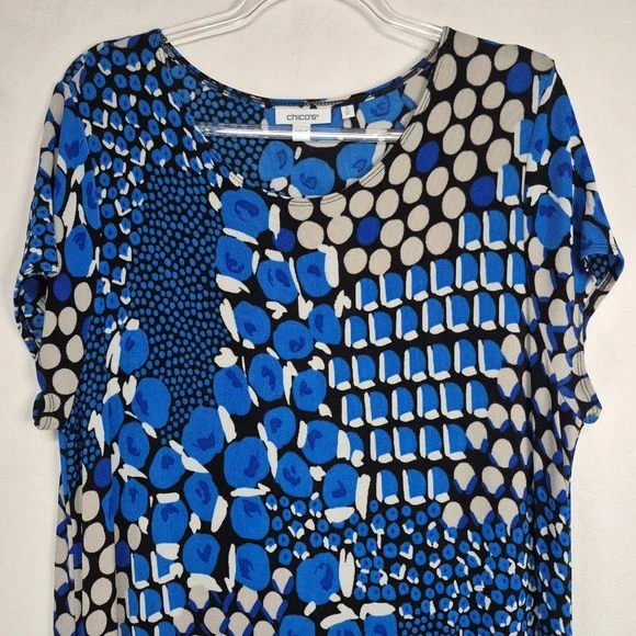 Chicos Womens Sz 3/XL Blue Abstract Geometric Maxi Dress Short Sleeve Scoop Neck - Picture 2 of 7